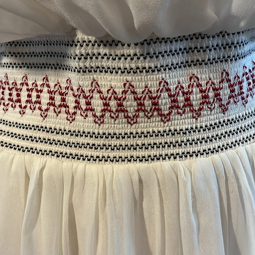 Free People Boho Summer Cream semi shear Dress w/Red Aztec Embroidery Size M - Picture 9 of 17